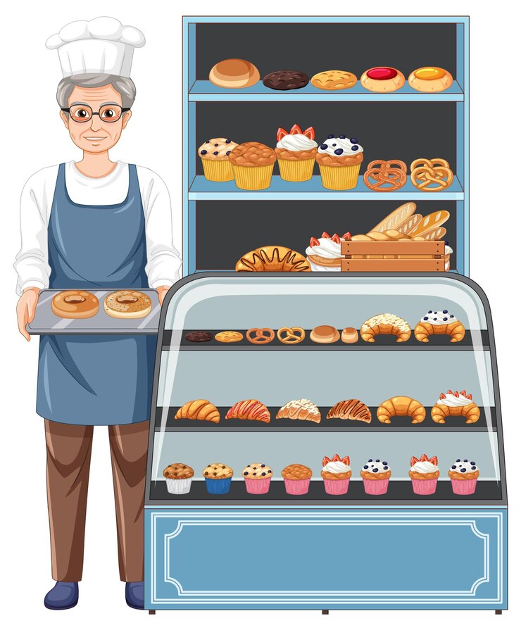 Vector gratuito baker man con pantalla de panadería