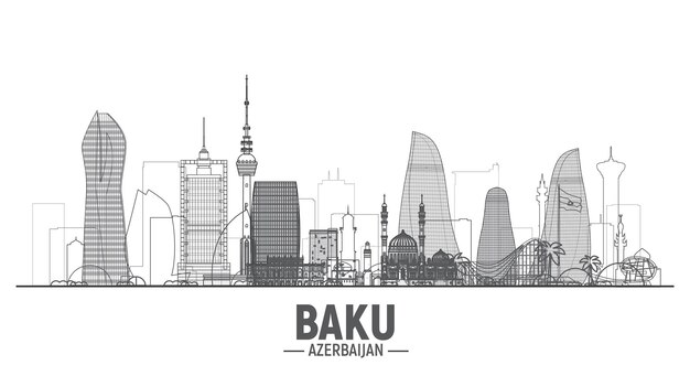 Bakú Azerbaiyán línea horizonte silueta Trazo vector ilustración Viajes de negocios y concepto de turismo con edificios modernos Imagen para banner o sitio web