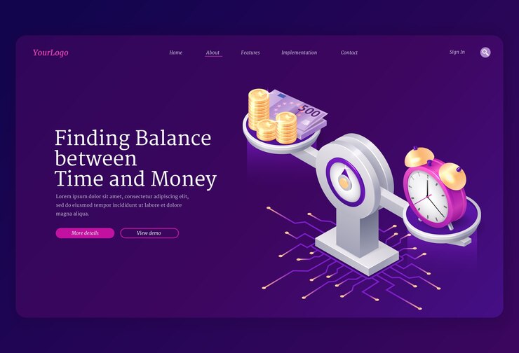 Vector gratuito balance de tiempo y dinero en plantilla de página de destino de escala