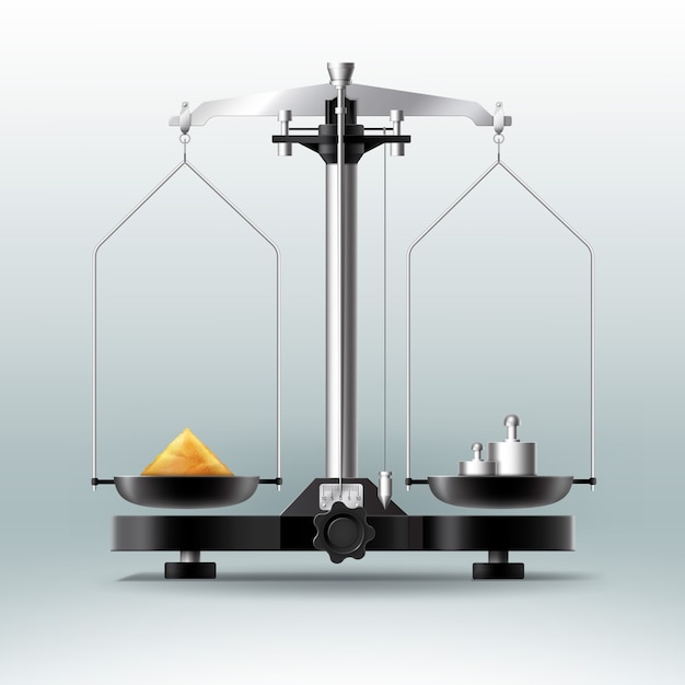 Balanza de laboratorio de vector con pesas pesas y esas cosas, vista lateral aislada sobre fondo