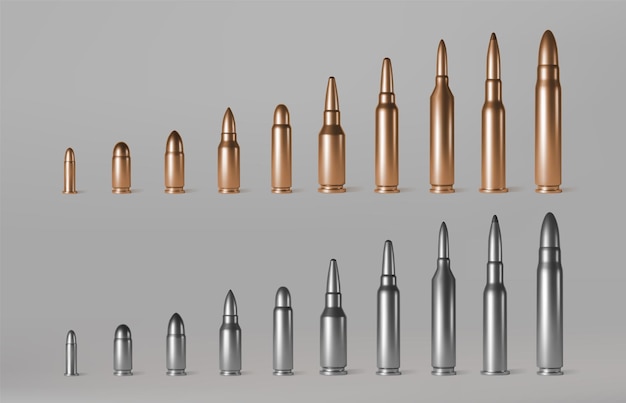 Las balas de diferentes calibres están en fila