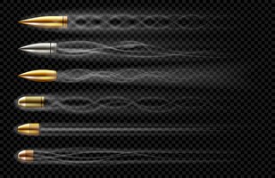Vector gratis balas voladoras con rastros de humo de disparos. conjunto realista de balas diferentes calibres disparados desde arma, revólver o pistola con rastro de humo aislado sobre fondo transparente