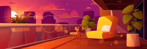 Vector gratuito balcón de apartamento de dibujos animados con vista al atardecer de la ciudad