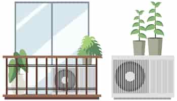 Vector gratuito balcón jardín plano con aire acondicionado sobre fondo blanco.