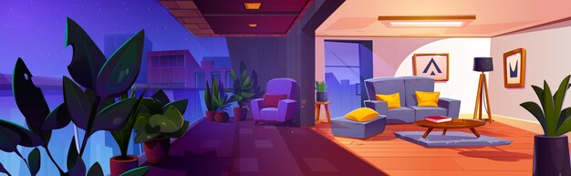 Balcón nocturno con jardín verde y sillón para relajarse Terraza oscura de dibujos animados con barandillas de vidrio y edificios de gran altura alrededor y sala de estar acogedora y luminosa con muebles y plantas en maceta