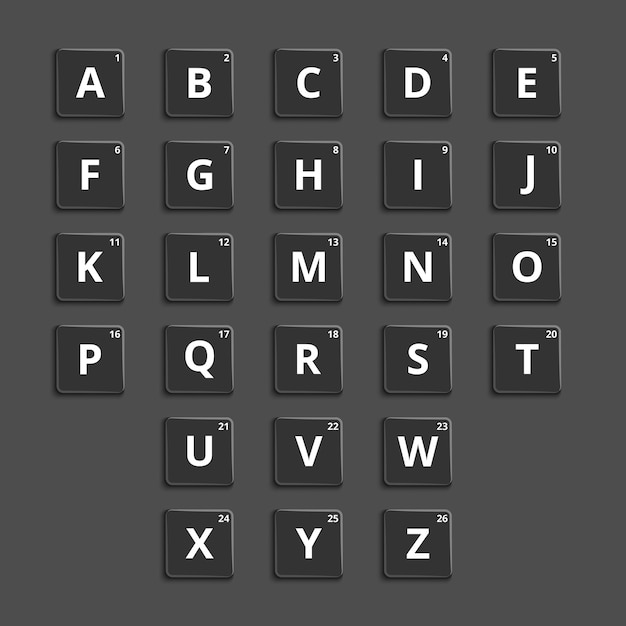 Baldosas de plástico del alfabeto para juegos de palabras desconcertantes. elemento de rompecabezas, botón gráfico.