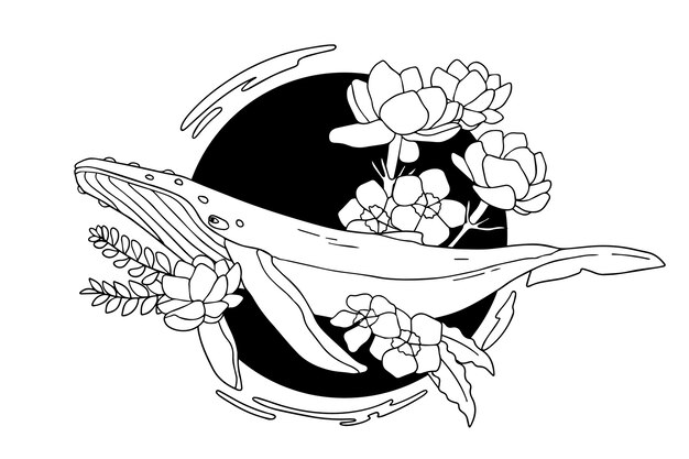 Ballena dibujada a mano con ilustración de flores