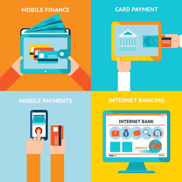 Banca en línea y banca móvil. Negocios en Internet, tecnología y finanzas, banca y pagos.