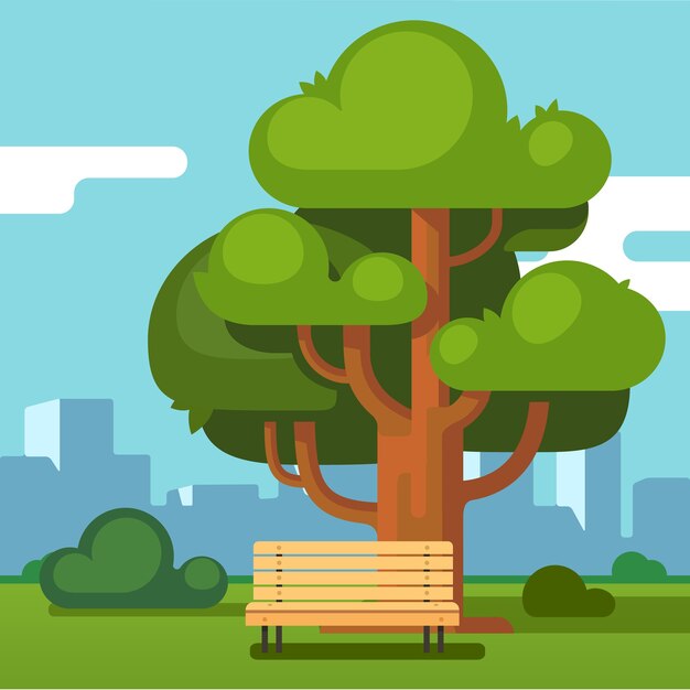 Banco del parque de la ciudad bajo un roble con paisaje urbano