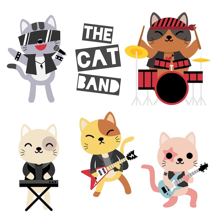 Vector gratuito banda de música de gatos, músico, guitarrista, baterista, animales divertidos