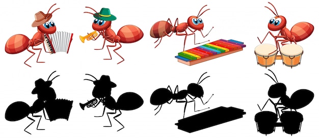 Vector gratuito banda musical de hormigas con su silhoulet