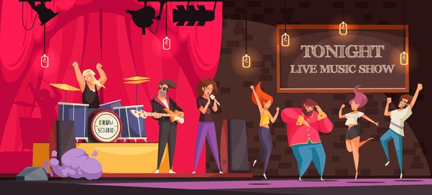 Banda de rock actuando en el escenario y gente bailando en un espectáculo de música en vivo, ilustración de dibujos animados