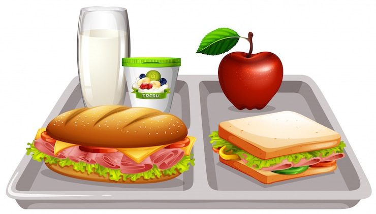 Vector gratuito bandeja de comida con leche y sandwiches.