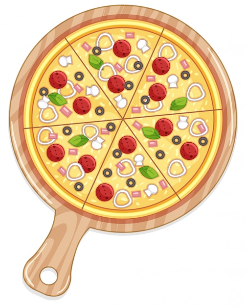 Vector gratuito bandeja de pizza con coberturas de carne y verduras.