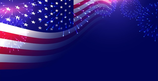 Bandera americana con fondo de exhibición de fuegos artificiales