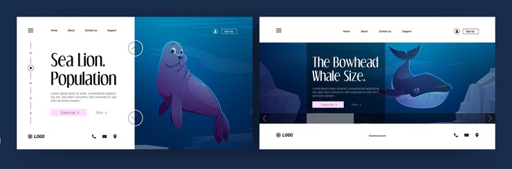 Vector gratuito bandera de animales marinos. páginas de aterrizaje de población de leones marinos y ballenas de groenlandia. sitio web de vector de mamíferos marinos con ilustración de dibujos animados de focas y ballenas nadan bajo el agua