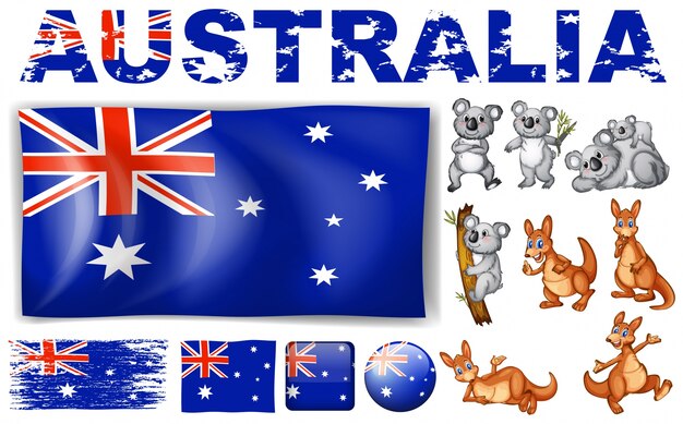 Bandera de Australia en diferentes diseños y ilustración de animales salvajes