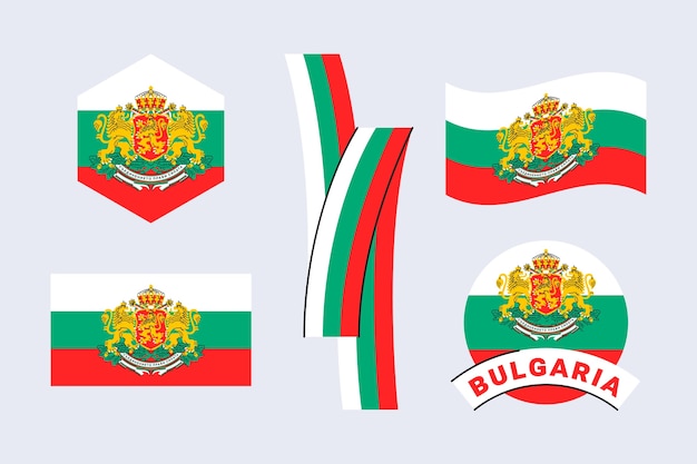 Bandera búlgara dibujada a mano y colección de emblemas nacionales.