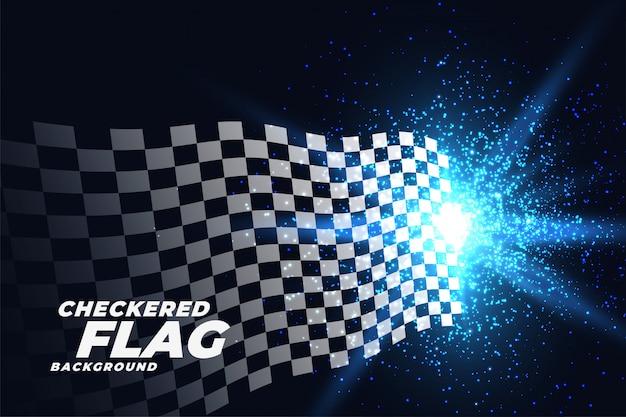 Vector gratuito bandera de carreras a cuadros con fondo de partículas de luces azules