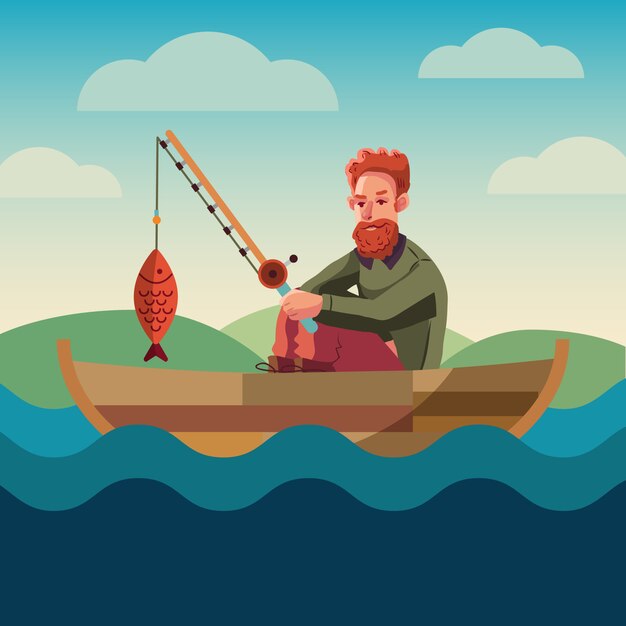 Bandera conceptual de pesca. Diseño plano. Recreación cerca del agua. Club de hobbies de pesca.