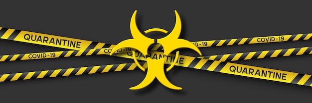 Bandera de cuarentena de advertencia de coronavirus con rayas amarillas y negras y símbolo de infección 3d. virus covid-19. fondo negro. señal de peligro biológico de cuarentena. vector.