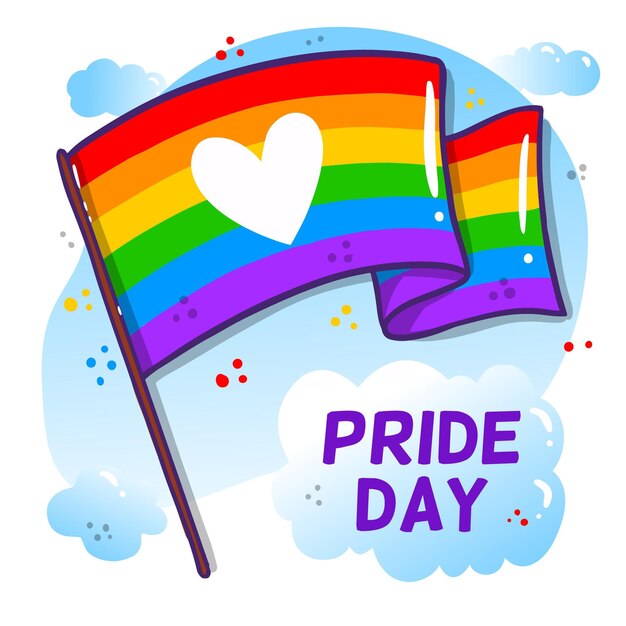 Bandera del día del orgullo con corazón y nubes