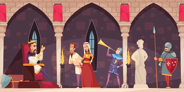 Vector gratuito bandera de dibujos animados interiores del castillo medieval con rey en el trono señor dama caballero guardia cuerno soplador