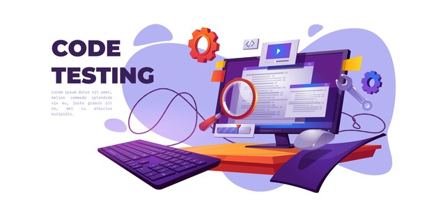 Bandera de dibujos animados de prueba de código. Prueba funcional, metodología de programación, errores de búsqueda y errores, desarrollo de la plataforma del sitio web, optimización de la usabilidad del tablero para la ilustración de vector de computadora pc