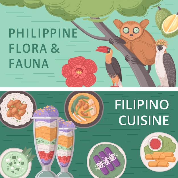 Bandera de dibujos animados de viaje de filipinas con cocina tradicional y atracciones naturales ilustraciones vectoriales aisladas