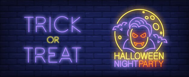 Bandera de estilo de neón de fiesta de noche de Halloween. Texto de Trick or Treat, vampiro, murciélagos y luna