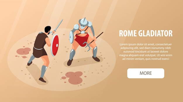 Vector gratuito bandera horizontal isométrica de gladiadores de roma antigua con texto editable más botón y guerreros de lucha con sangre