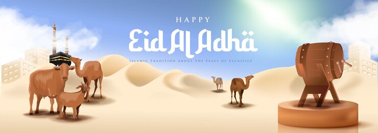 Bandera islámica realista de Eid Al Adha Mubarak con desierto y camello