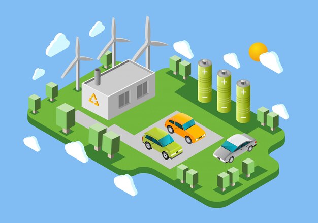 Bandera isométrica de la estación de carga de los coches eléctricos