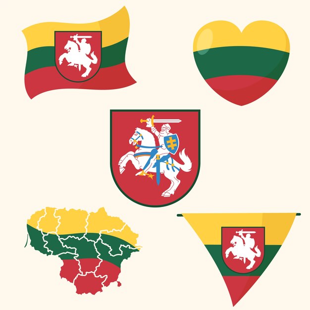 Bandera de lituania degradado y conjunto de emblemas nacionales.