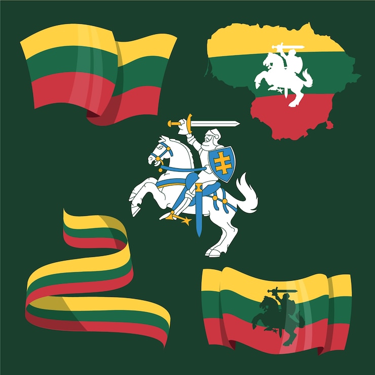 Vector gratuito bandera de lituania degradado y conjunto de emblemas nacionales.