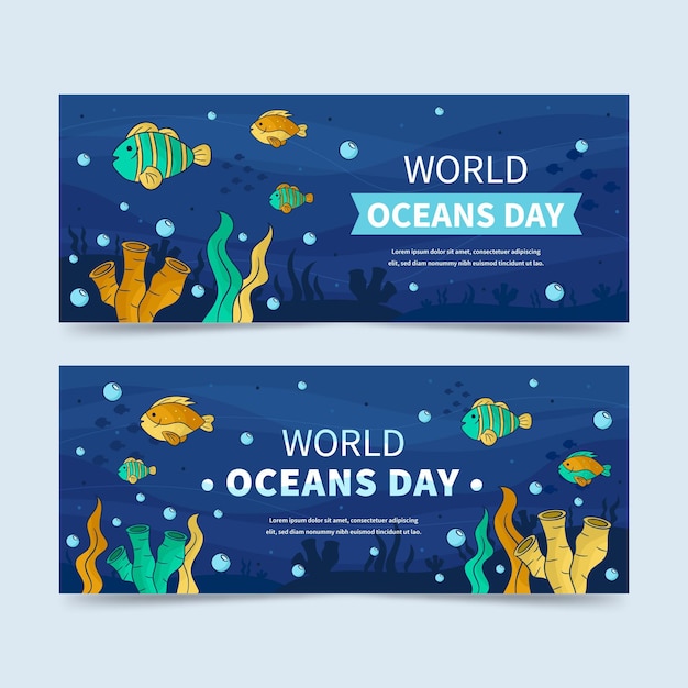 Bandera mundial del día de los océanos estilo dibujado a mano