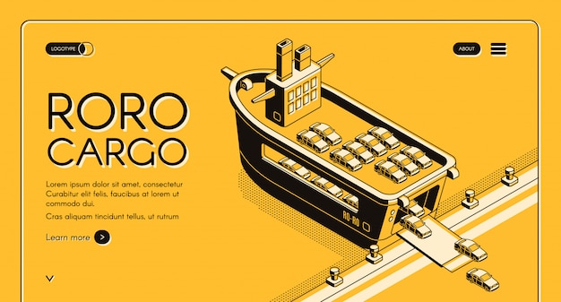 Bandera de la web isométrica de la empresa de transporte de carga, plantilla de diseño del sitio con carros