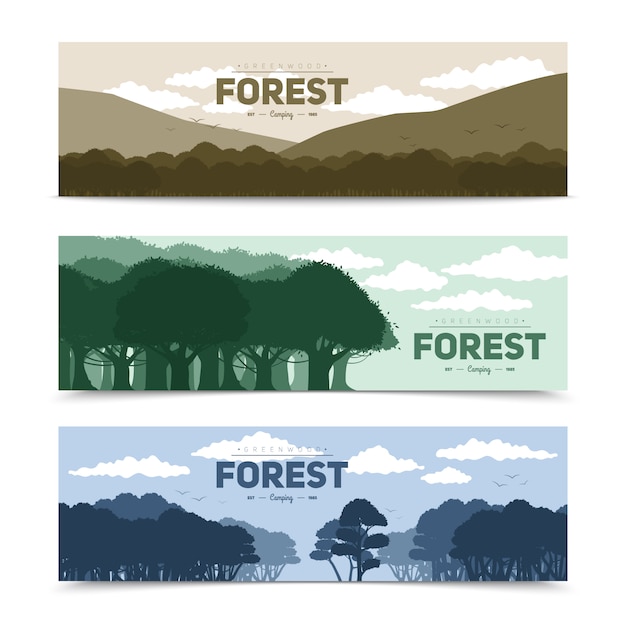 Las banderas del bosque del árbol fijaron con la ilustración aislada diversa de la naturaleza del vector