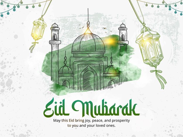 Banderas de Eid Al Fitr Mubarak con mezquita y linterna en 3D