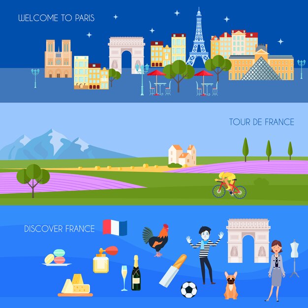 Banderas horizontales de Francia conjunto con ilustración de vector plano aislado de símbolos de París