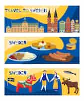 Vector gratuito banderas horizontales turísticas de suecia con símbolos de cultura ilustraciones vectoriales aisladas planas