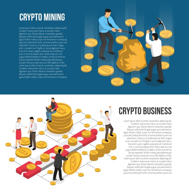 Banderas isométricas de negocios de minería de criptomonedas