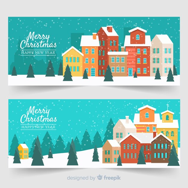 Banderas planas de Navidad pueblo nevado