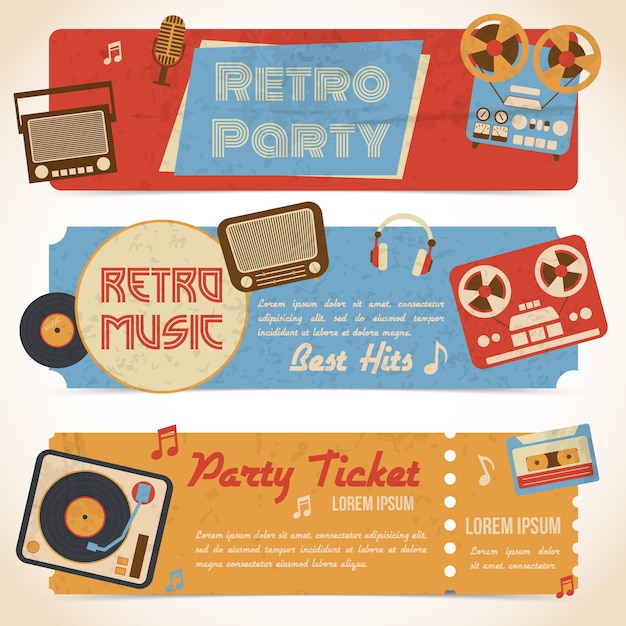 Banderas retro de boletos de fiesta de música con gadgets analógicos ilustración vectorial aislados