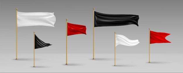 Banderín con bandera 3d maqueta vector realista conjunto blanco negro y rojo rectangular y triangular horizontal tela en blanco serpentina en poste dorado para competición deportiva o especificación de objetivo