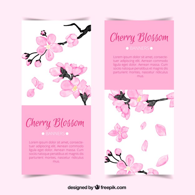 Banenrs fantásticos con flores del cerezo en estilo de acuarela