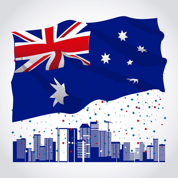 Vector gratuito baner del feliz día de australia con bandera y horizonte