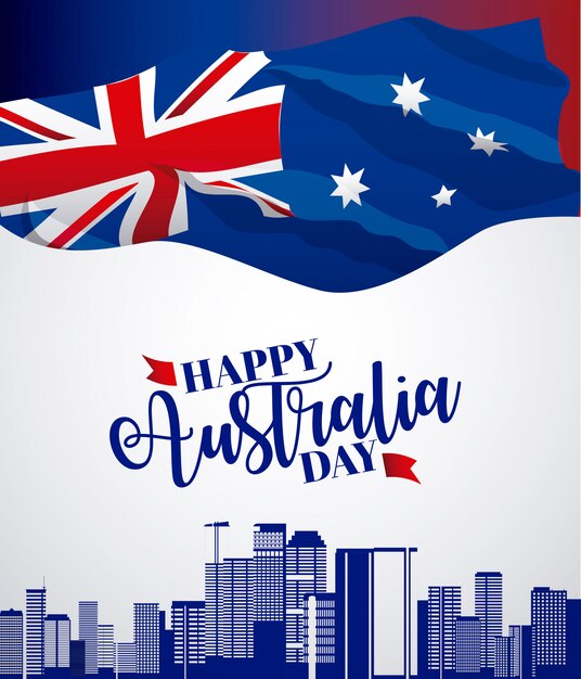 Baner del feliz día de australia con bandera y horizonte