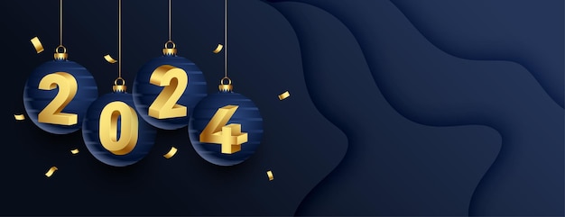 Vector gratuito banner de adorno de año nuevo dorado 3d 2024 estilo colgante con vector de espacio de texto