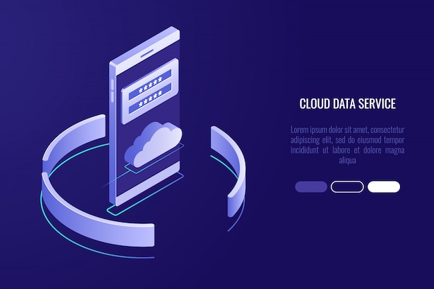 Banner de almacenamiento de datos en la nube, teléfono inteligente con icono de la nube y formulario de autorización